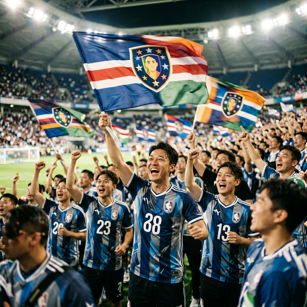体育场馆内球迷挥舞旗帜庆祝，现场气氛热烈